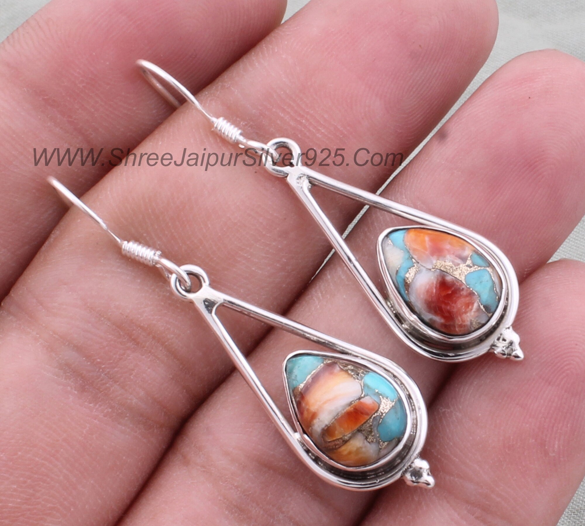 Oyster Copper Turquoise Pear Earrings: Handmade Sterling Silver Boho Jewelry