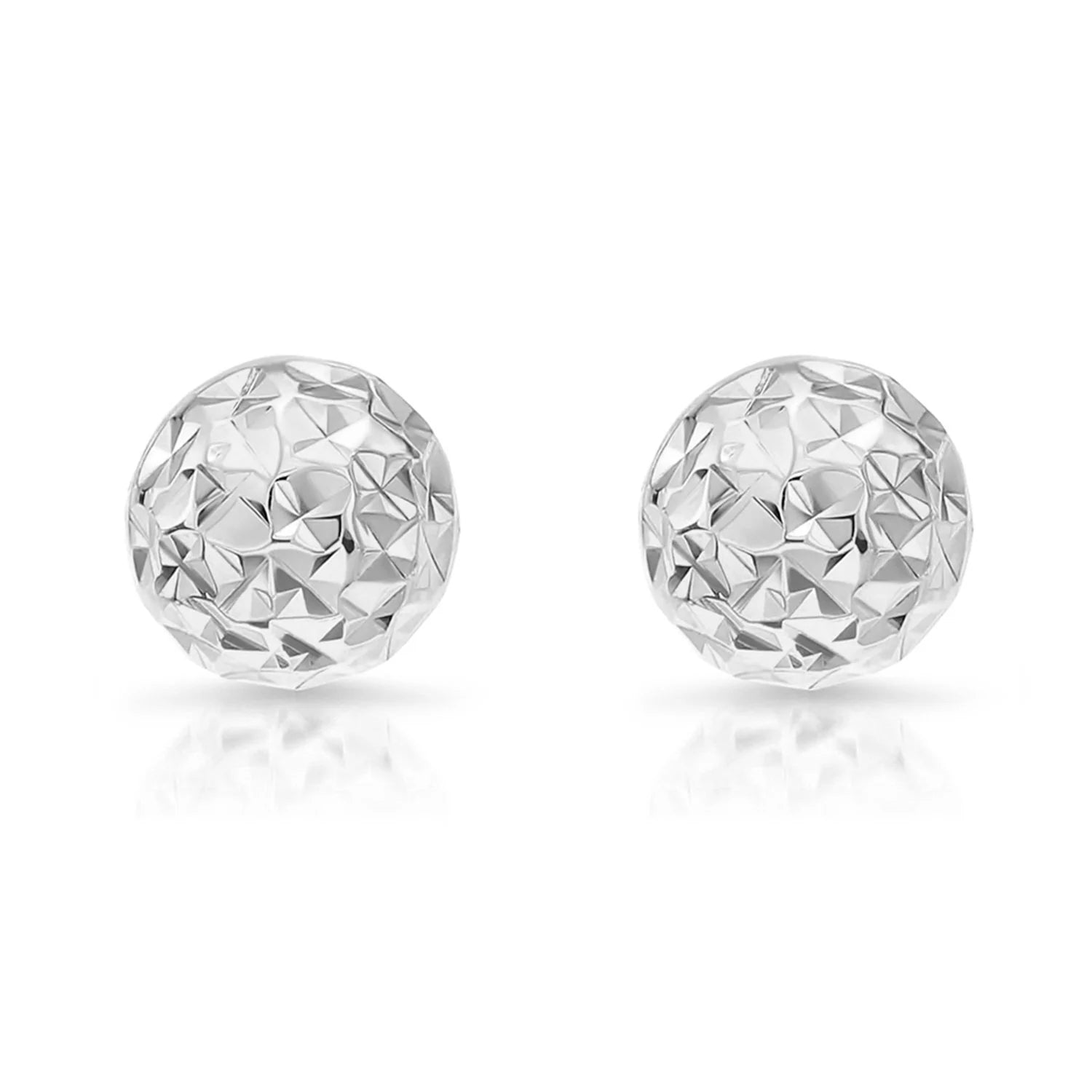 14K White Gold Sparkle Ball Stud Earrings, Hand Engraved Diamond-Cuts