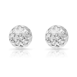 14K White Gold Sparkle Ball Stud Earrings, Hand Engraved Diamond-Cuts