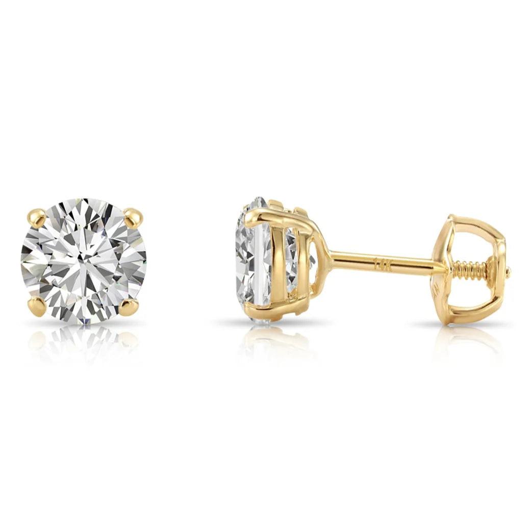 Stunning 14K Yellow Gold Classic Solitaire Simulated Diamond Studs with Secure Screwback.
