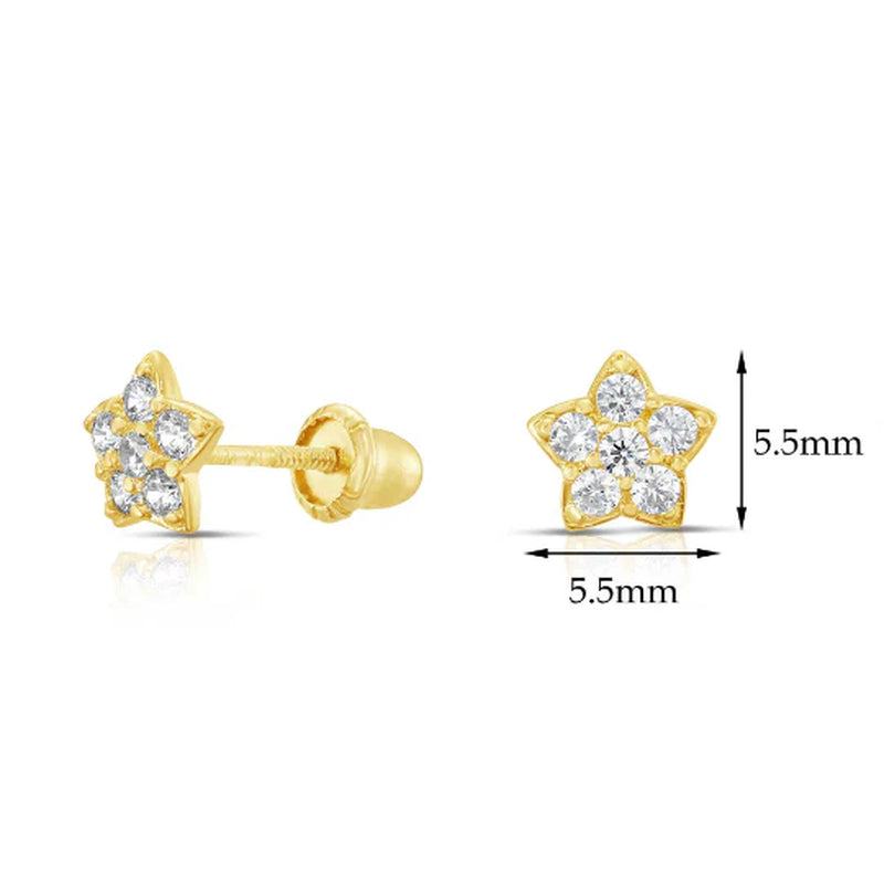 10K Yellow Gold Star Stud Earrings with Simulated Diamond and Secure Screw-Backs
