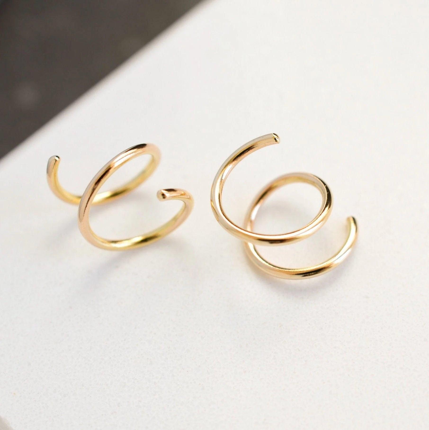 Elegant 14K Solid Gold Spiral Threader Earrings - Perfect Double Hoop Huggie Design for Sensitive Ears.
