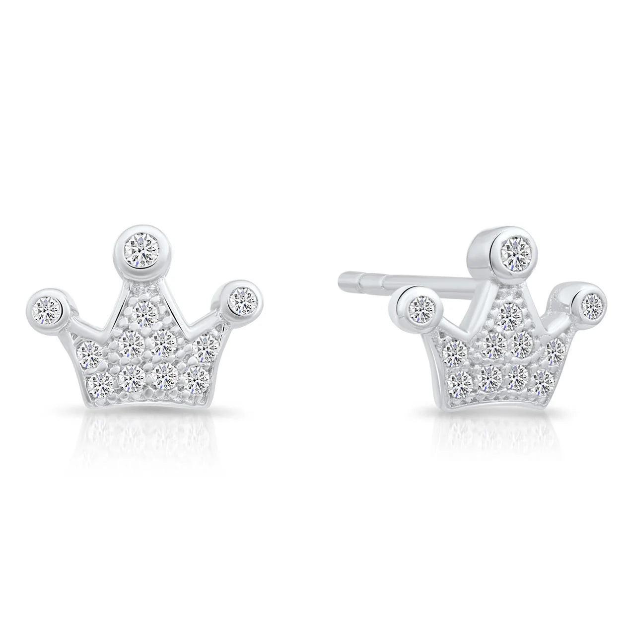 Glamorous CZ Royal Princess Crown Sterling Silver Stud Earrings.