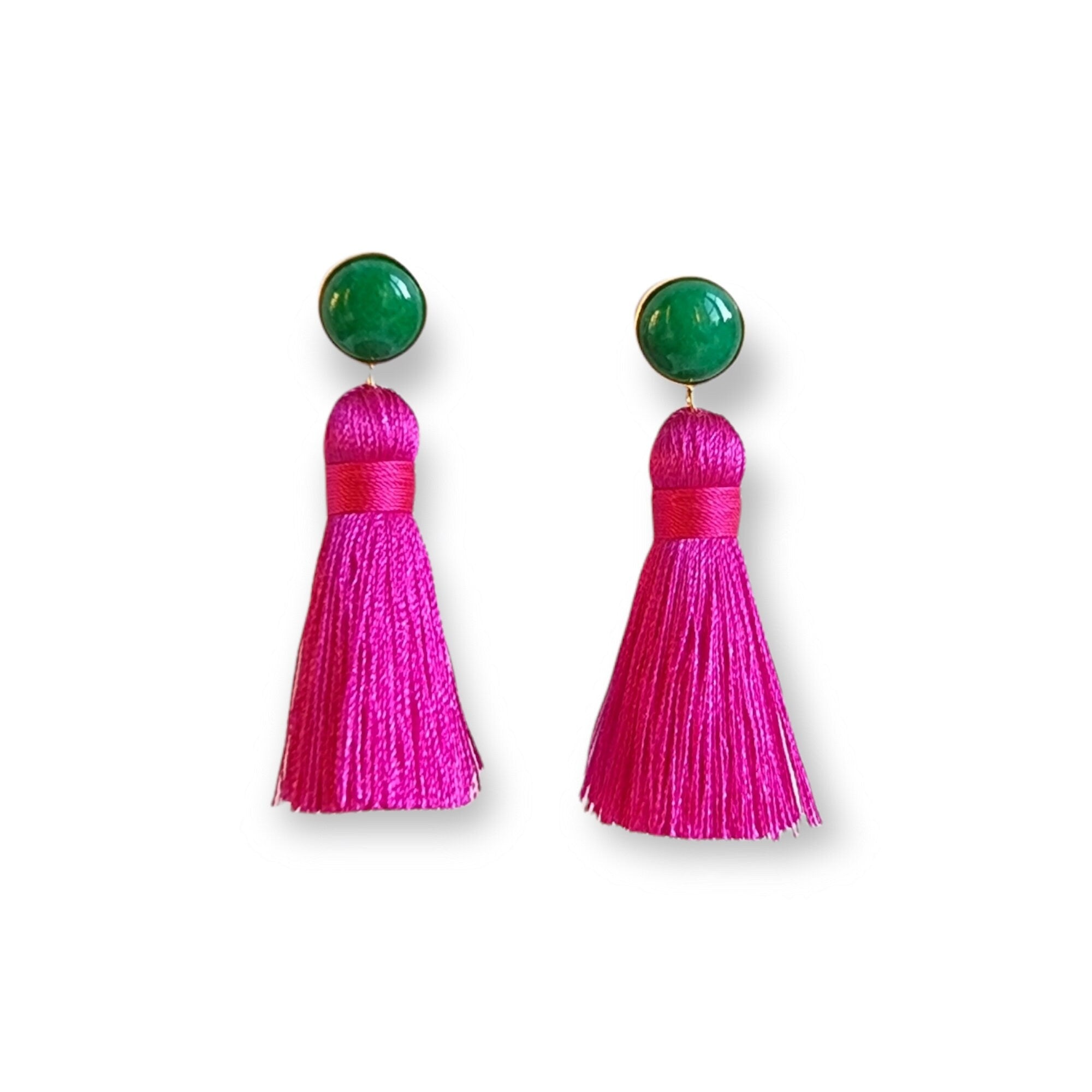 Tassel Earrings PINK with Green Jade, 925 Silver | 1 Pair