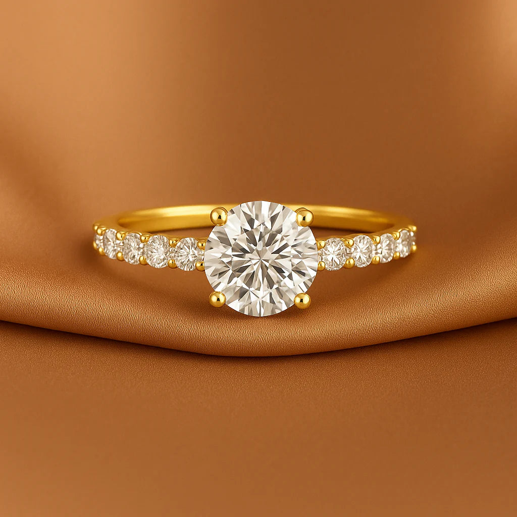 14K Yellow Gold Solitaire round Brilliant 1 Carat Engagement Ring with Side Stones