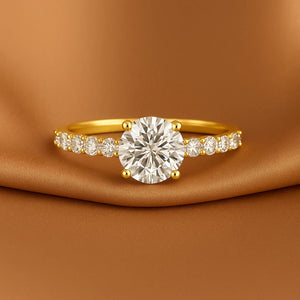 14K Yellow Gold Solitaire round Brilliant 1 Carat Engagement Ring with Side Stones