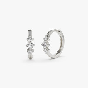 Tiny Hoop Earrings / 14K Solid Gold Three Stone Diamond Huggies / Diamond Gold Mini Hoops / Small Diamond Hoop Earrings Ferko'S Fine Jewelry