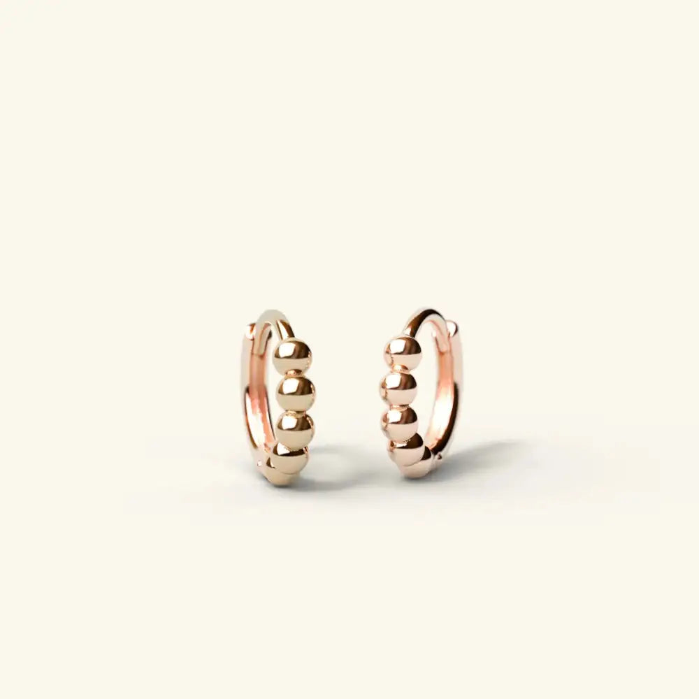 Dainty 14K Gold Beaded Huggie Hoop Earrings - Elegant Solid Gold Pair.
