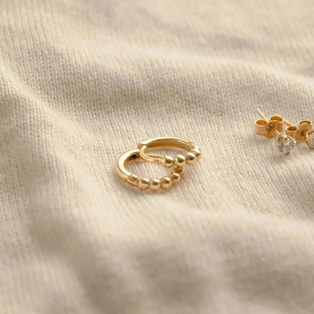 Dainty 14K Gold Beaded Huggie Hoop Earrings - Elegant Solid Gold Pair.
