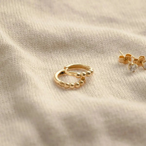 Dainty 14K Gold Beaded Huggie Hoop Earrings - Elegant Solid Gold Pair.