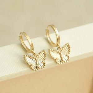 Dainty 14K Solid Gold Butterfly Huggie Hoop Earrings for Women.