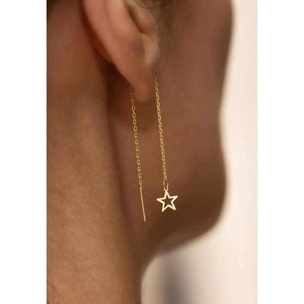 Dainty 14K Solid Gold Star Threader Earrings – Elegant Long Chain Sparkle for Any Occasion.