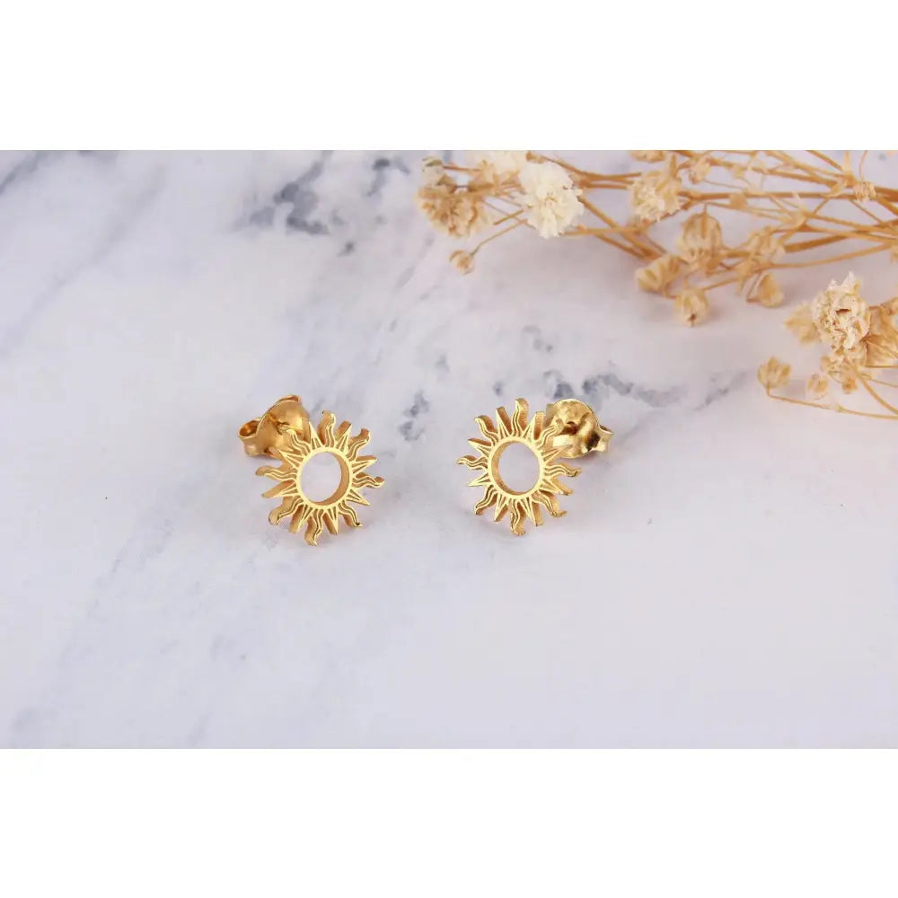 Dainty 14K Solid Gold Sun Stud Earrings - Perfect Celestial Gift for Her.