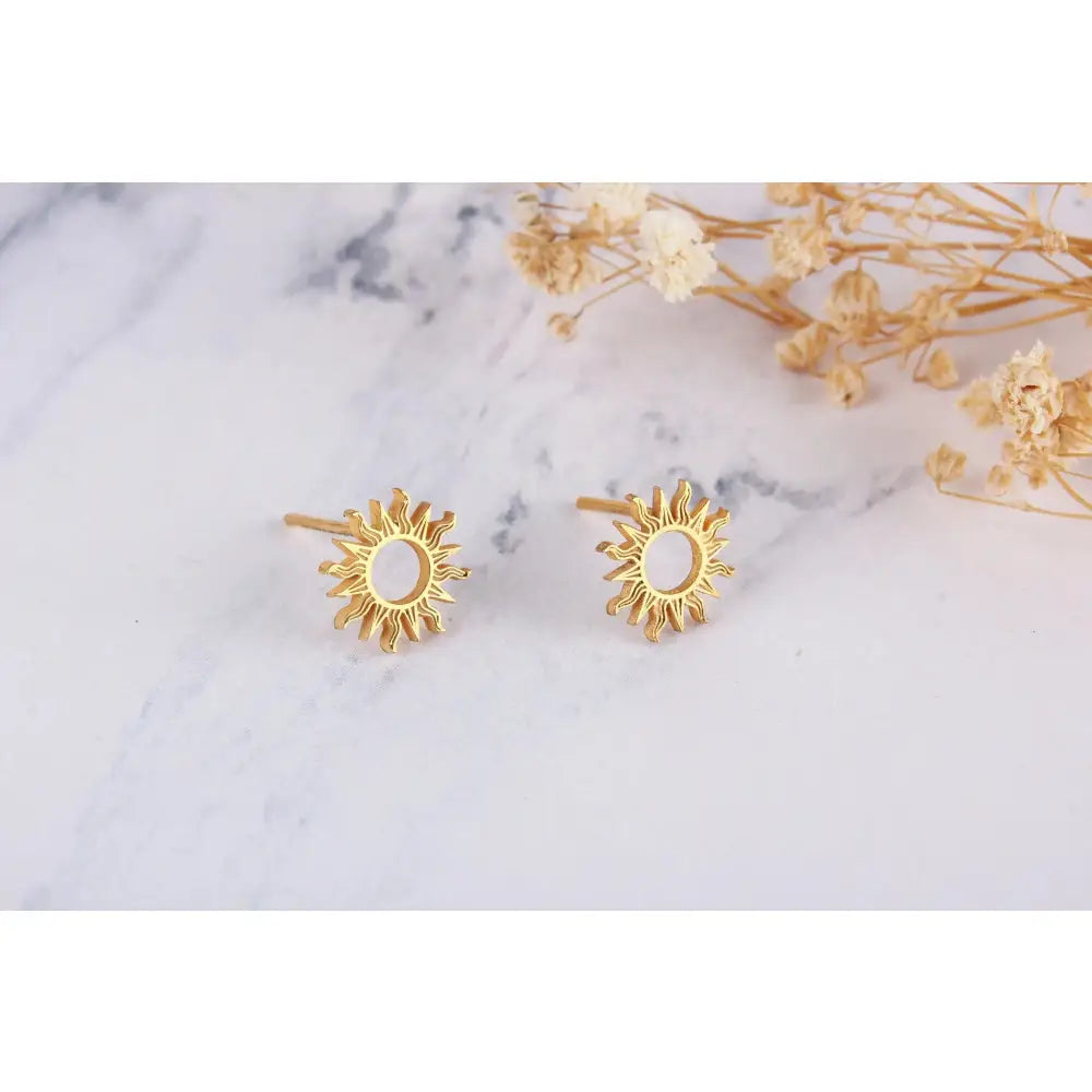 Dainty 14K Solid Gold Sun Stud Earrings - Perfect Celestial Gift for Her.