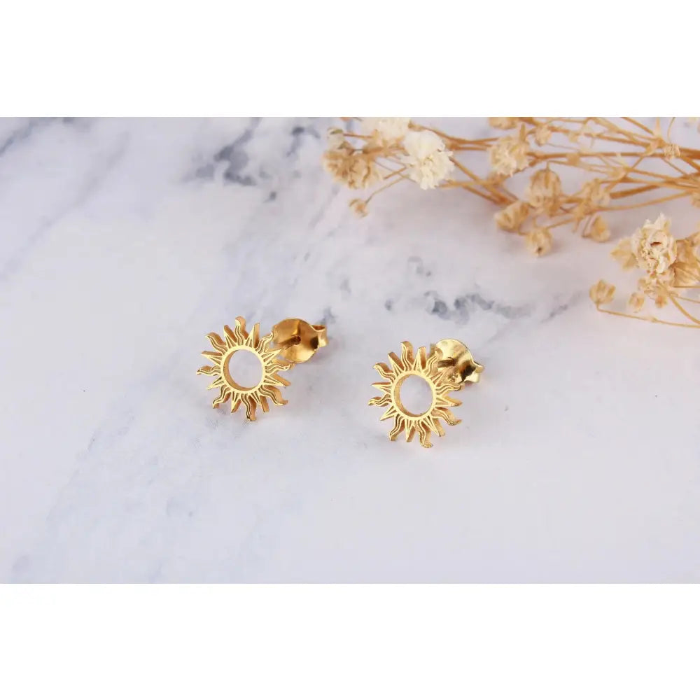 Dainty 14K Solid Gold Sun Stud Earrings - Perfect Celestial Gift for Her.