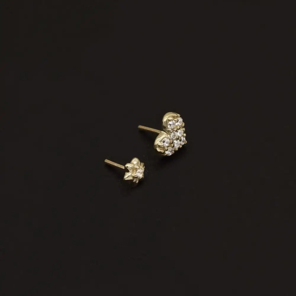 Dainty 14K Solid Gold Tiny Heart & Flower Flat Back Stud Earrings for Cartilage, Conch, Helix & Tragus.