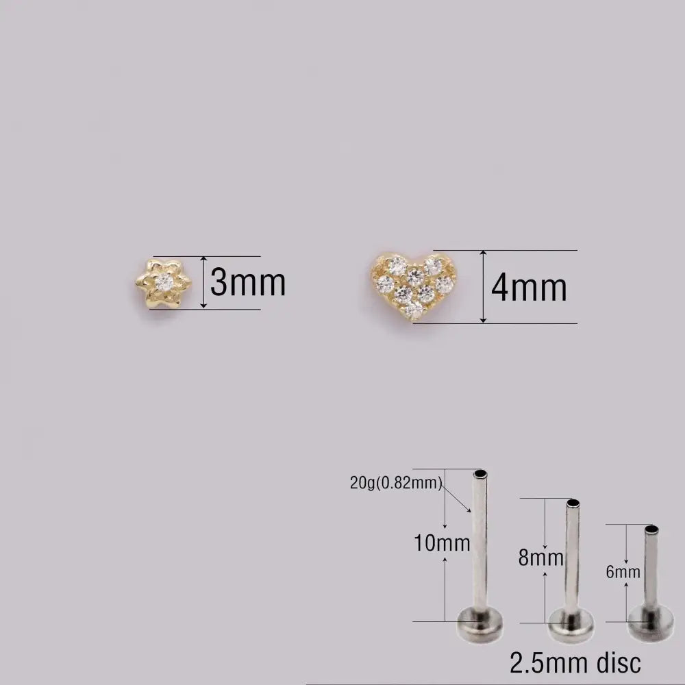 Dainty 14K Solid Gold Tiny Heart & Flower Flat Back Stud Earrings for Cartilage, Conch, Helix & Tragus.