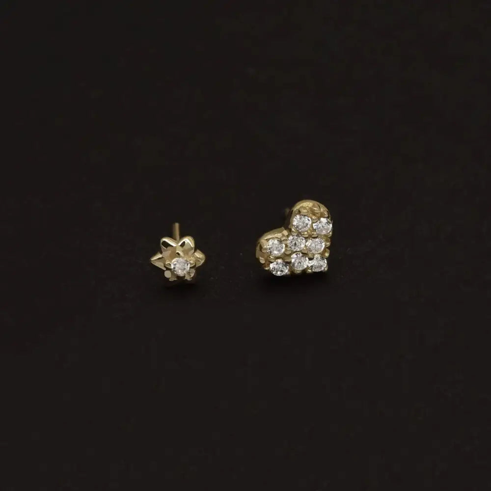 Dainty 14K Solid Gold Tiny Heart & Flower Flat Back Stud Earrings for Cartilage, Conch, Helix & Tragus.