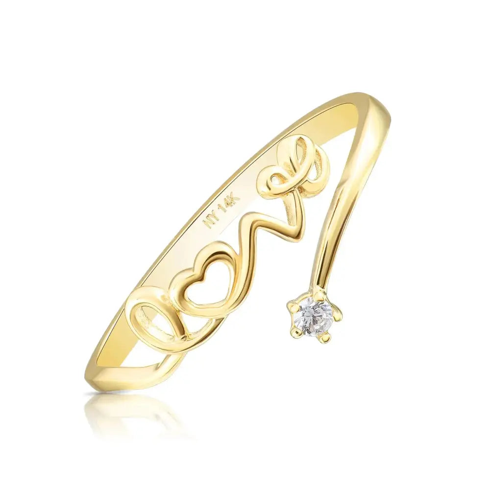 Dainty 14K Yellow Gold Love Script Ring with Simulated Diamonds - Perfect Stackable Gift for Her.