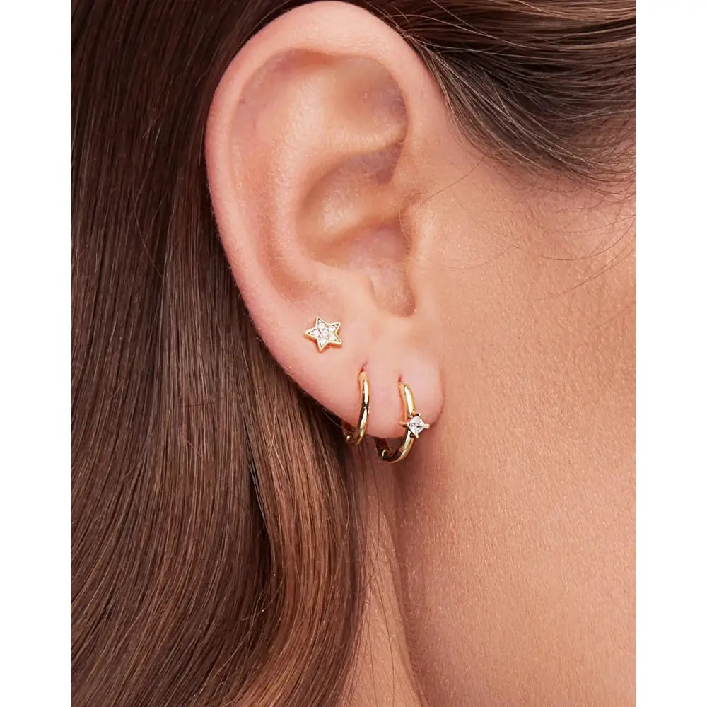 Dainty 925 Sterling Silver Gold CZ Diamond Huggie Hoop Earrings Set - Tiny Minimalist Design.