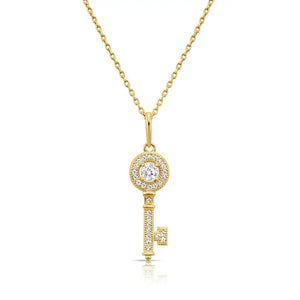Dainty Handmade 14K Solid Yellow Gold CZ Key Pendant Necklace with Elegant Cable Chain.