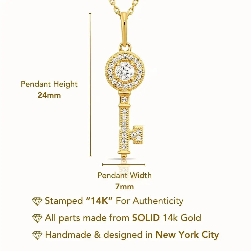 Dainty Handmade 14K Solid Yellow Gold CZ Key Pendant Necklace with Elegant Cable Chain.