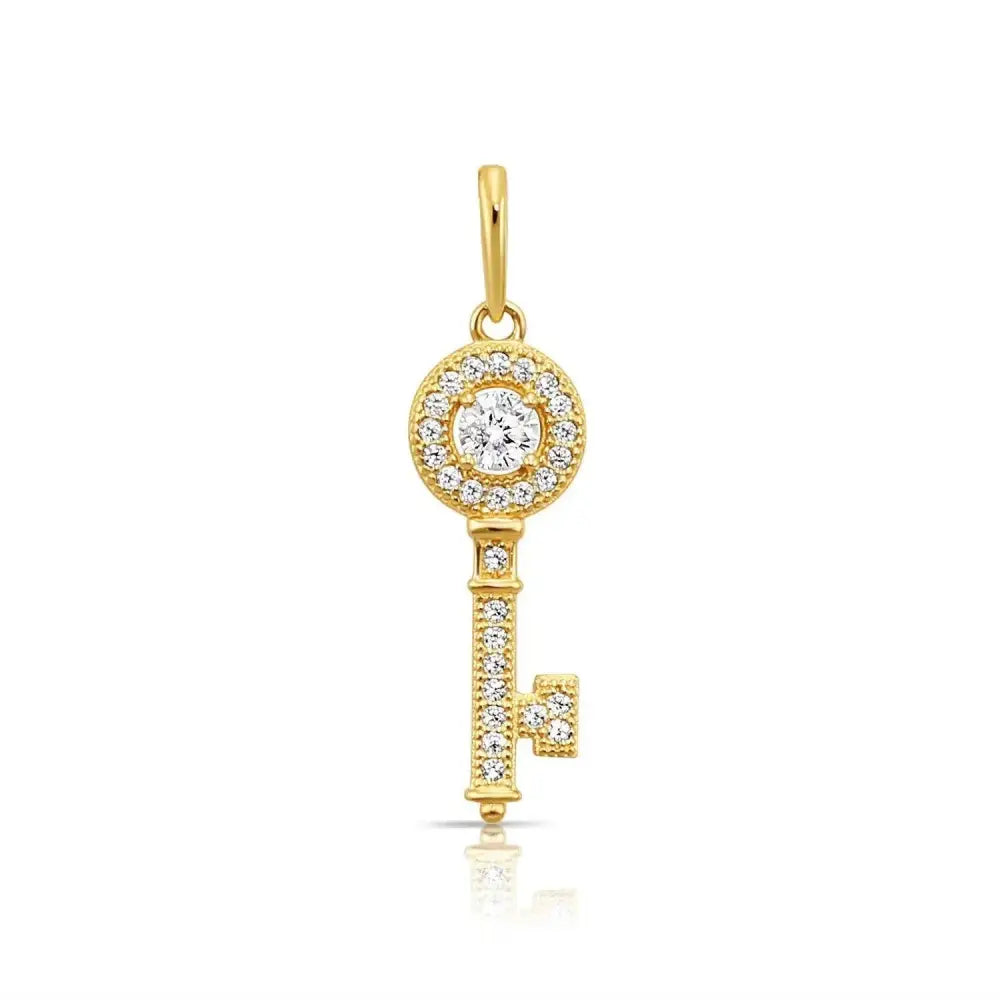 Dainty Handmade 14K Solid Yellow Gold CZ Key Pendant Necklace with Elegant Cable Chain.