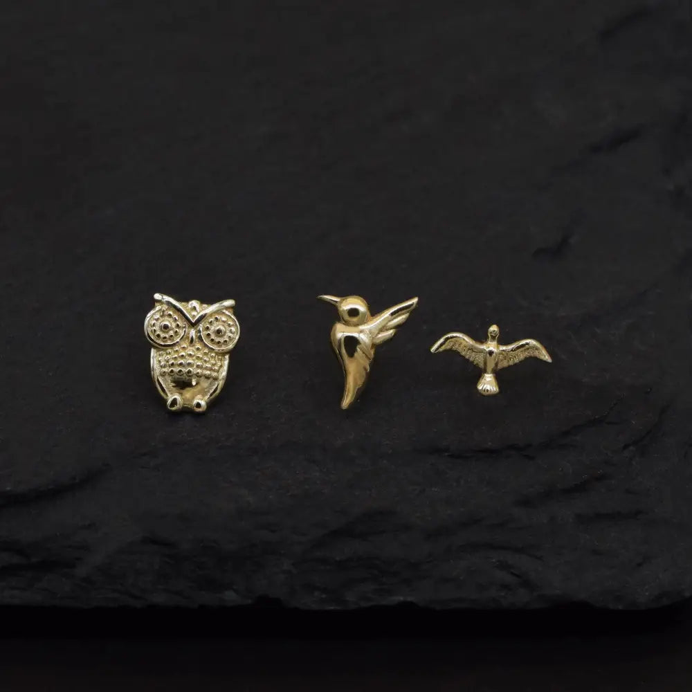 Dazzling 14K Solid Gold Bird Stud Earrings - Owl, Hummingbird & Eagle for Helix, Conch & Tragus.