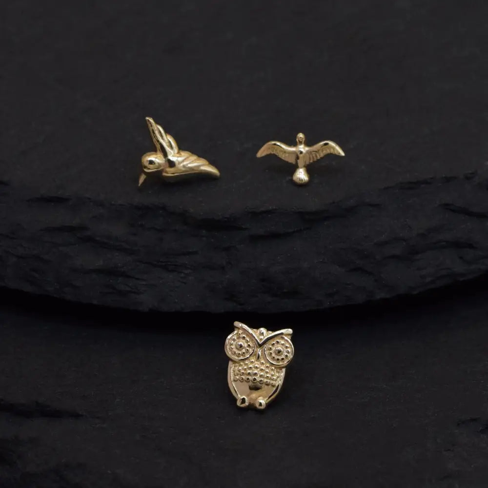 Dazzling 14K Solid Gold Bird Stud Earrings - Owl, Hummingbird & Eagle for Helix, Conch & Tragus.