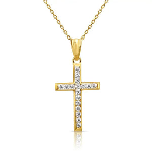Dazzling 14K Yellow Gold CZ Cross Pendant Necklace with 18" Cable Chain.