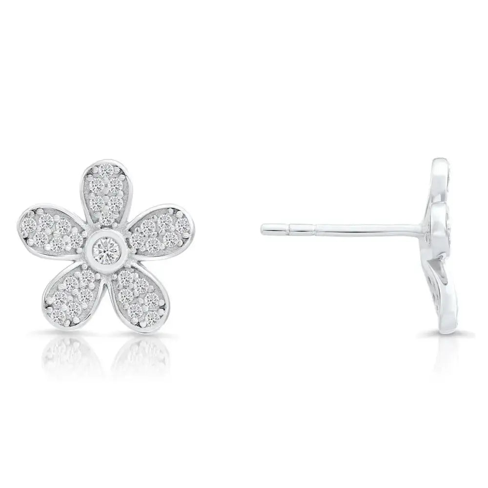 Dazzling CZ Daisy Flower Stud Earrings in Elegant Sterling Silver.