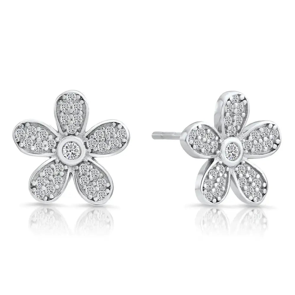 Dazzling CZ Daisy Flower Stud Earrings in Elegant Sterling Silver.