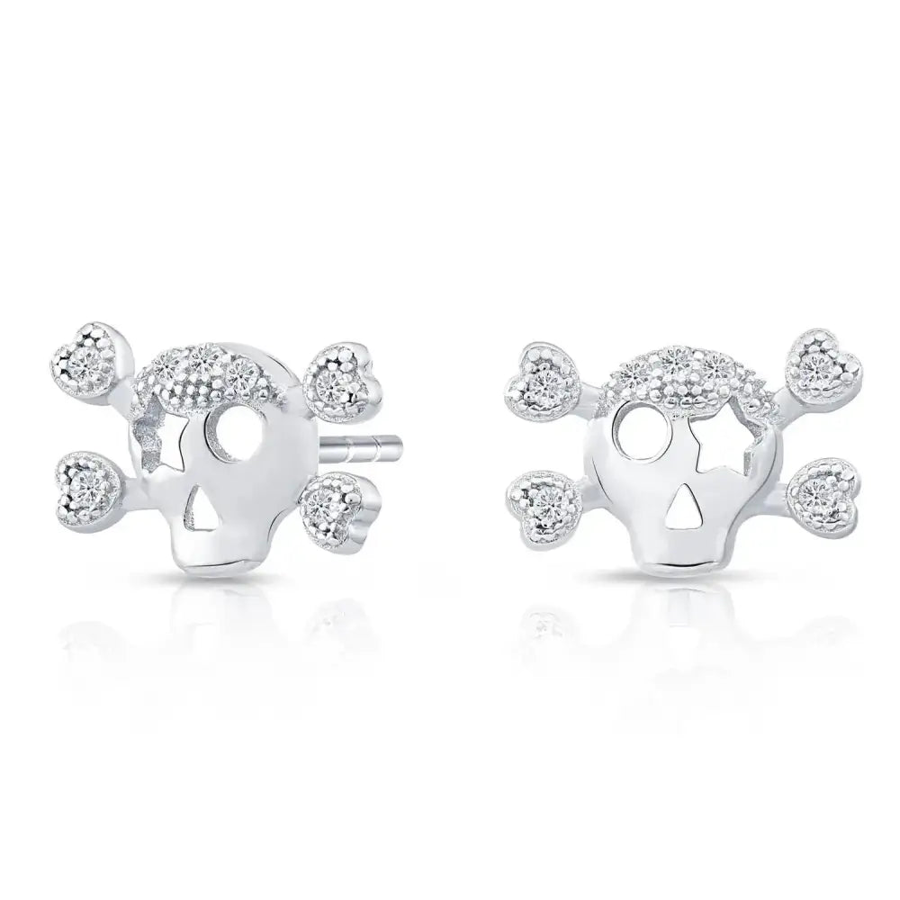 Dazzling CZ Skull and Bones Sterling Silver Stud Earrings.
