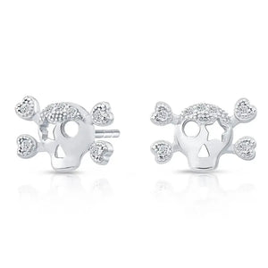 Dazzling CZ Skull and Bones Sterling Silver Stud Earrings.
