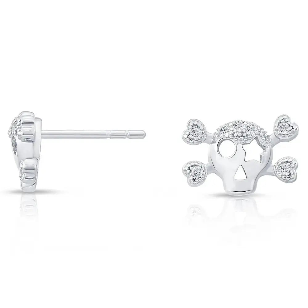 Dazzling CZ Skull and Bones Sterling Silver Stud Earrings.