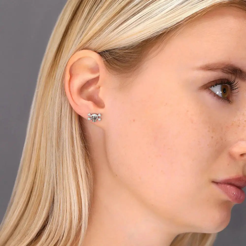 Dazzling CZ Skull and Bones Sterling Silver Stud Earrings.