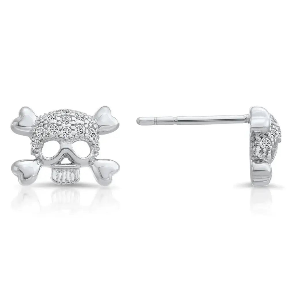 Dazzling CZ Sterling Silver Skull and Bones Stud Earrings.