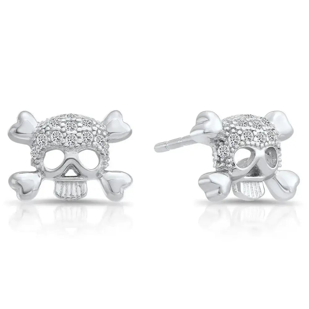 Dazzling CZ Sterling Silver Skull and Bones Stud Earrings.