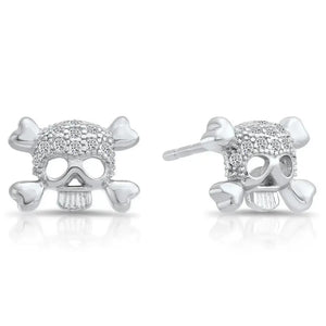 Dazzling CZ Sterling Silver Skull and Bones Stud Earrings.
