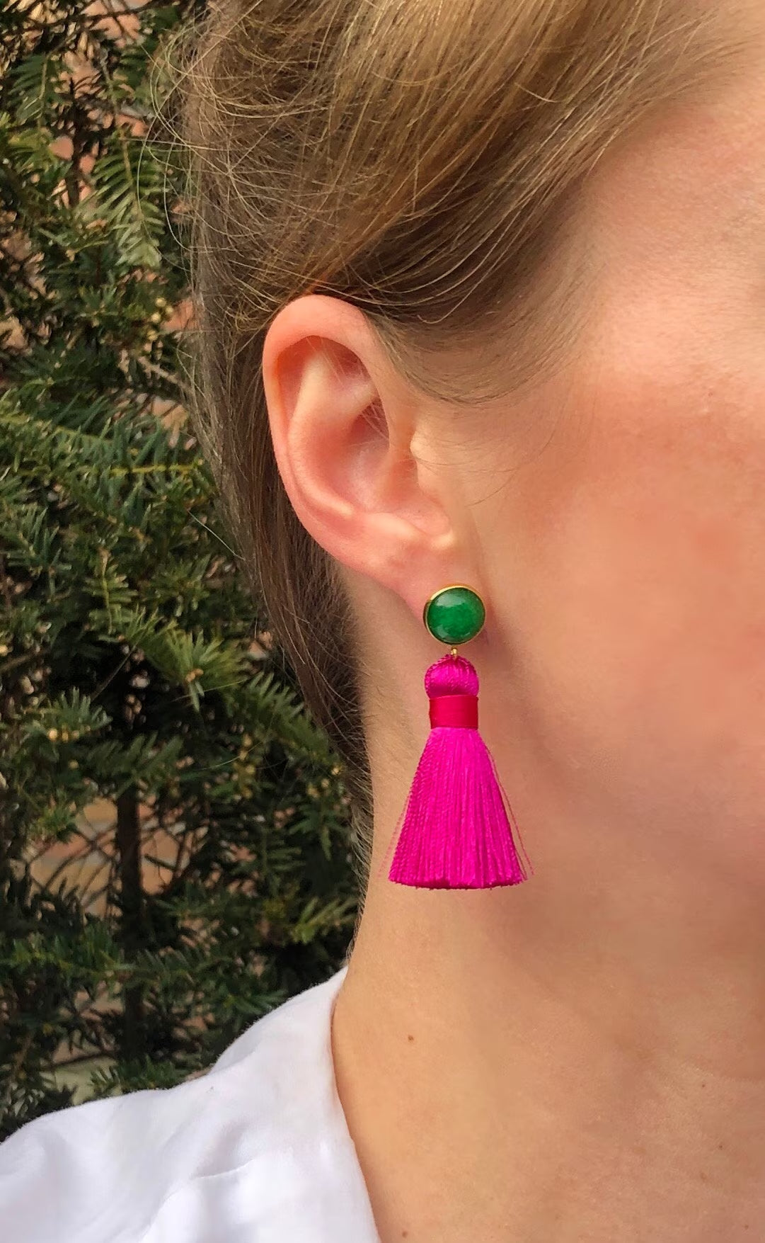 Tassel Earrings PINK with Green Jade, 925 Silver | 1 Pair