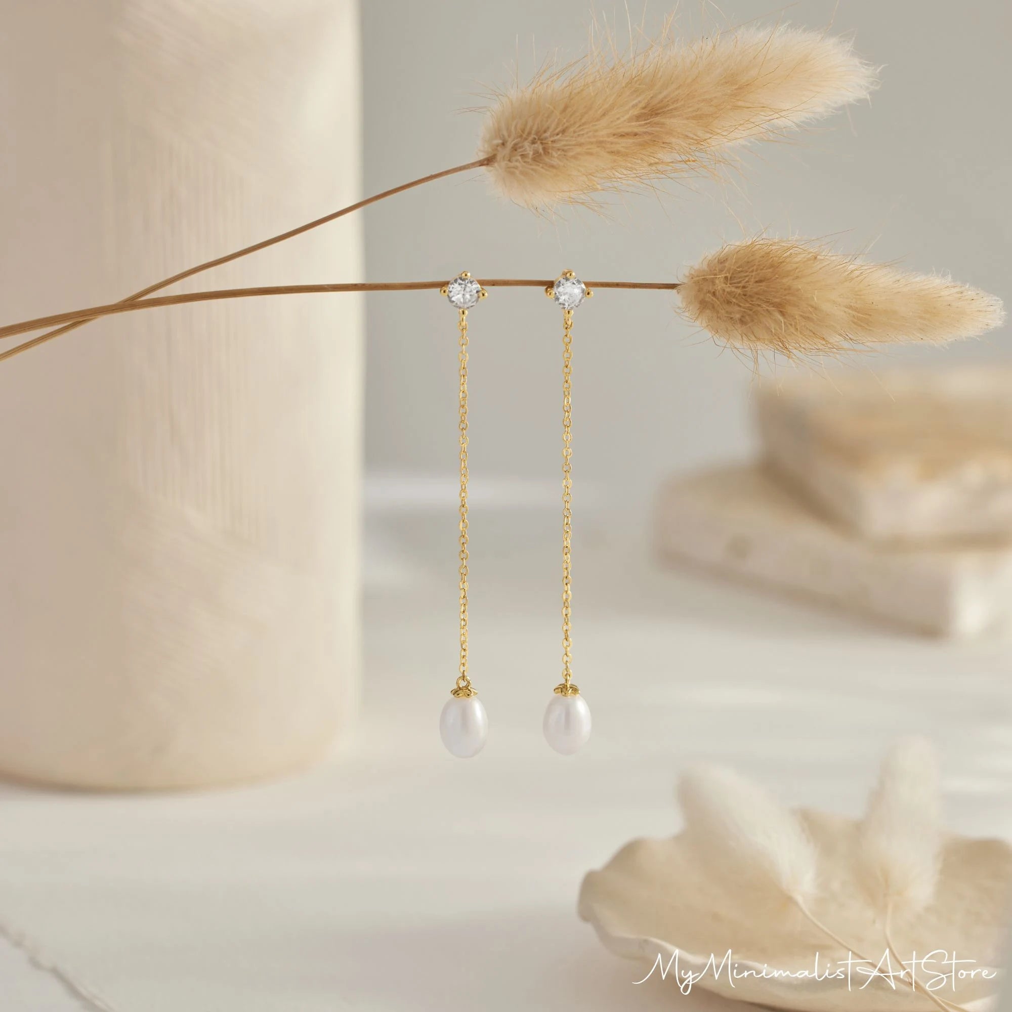 Dainty Pearl Drop Earrings with Diamond, Gold Dangle Earrings, Bridal Earrings, Long Pearl Earrings, Wedding Jewelry,Bridesmaid Gift for Her