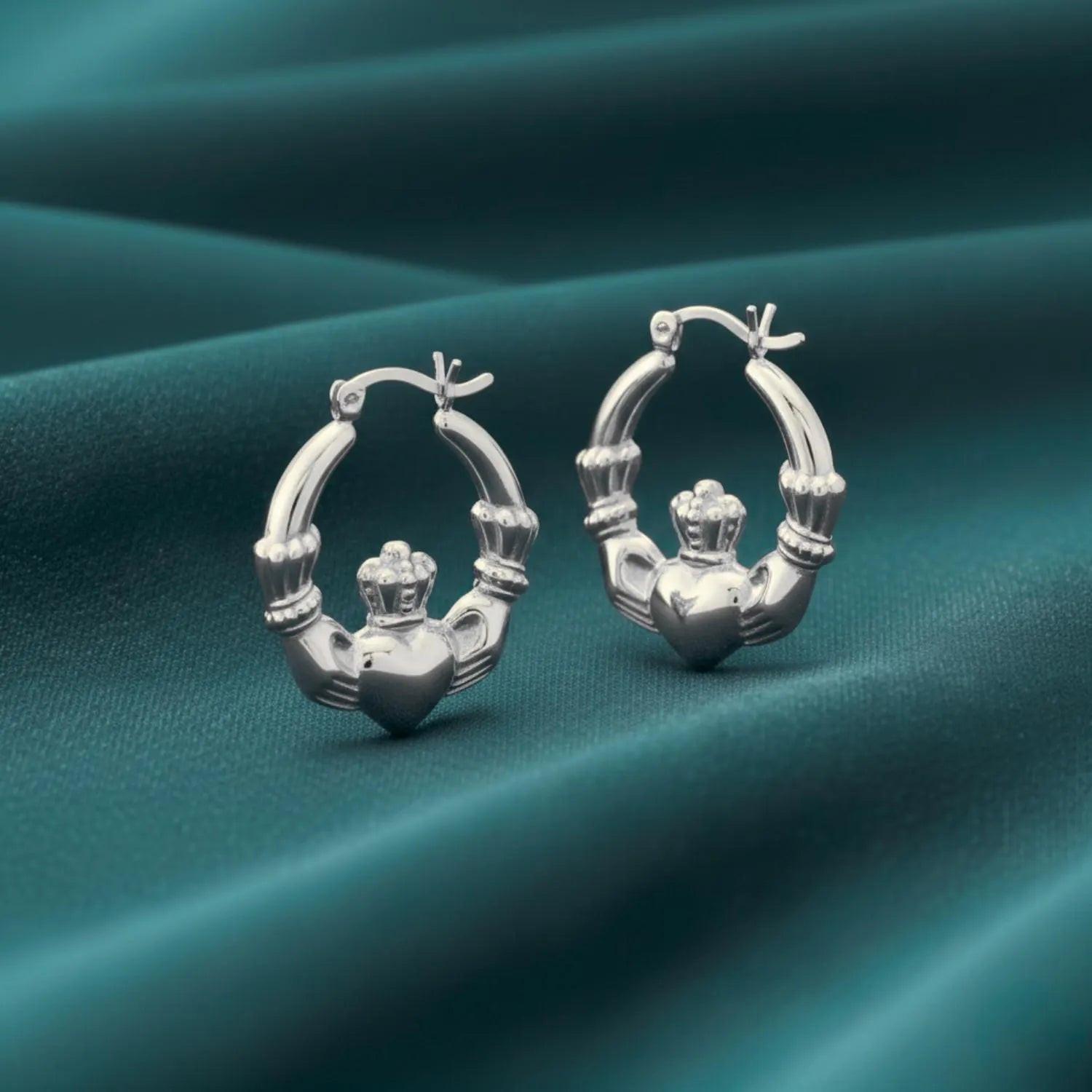 925 Sterling Silver Heart Crown Claddagh Hoop Earrings - Irish Friendship & Love Design.