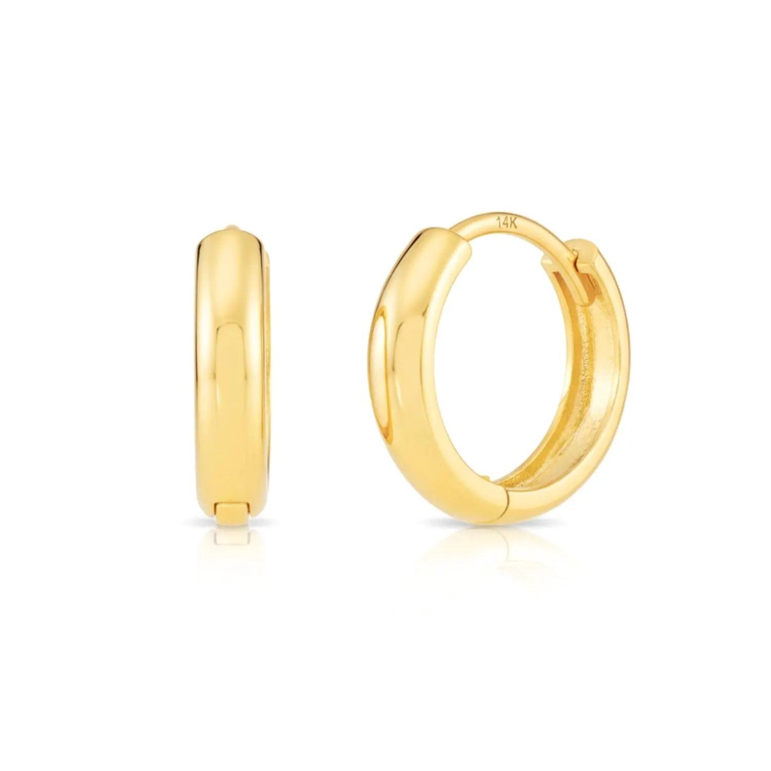 Elegant 14K Yellow Gold Handmade Small 12mm Shiny Huggie Hoop Earrings.