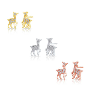 CZ Deer Stud Earrings, Gold Plated in Sterling Silver