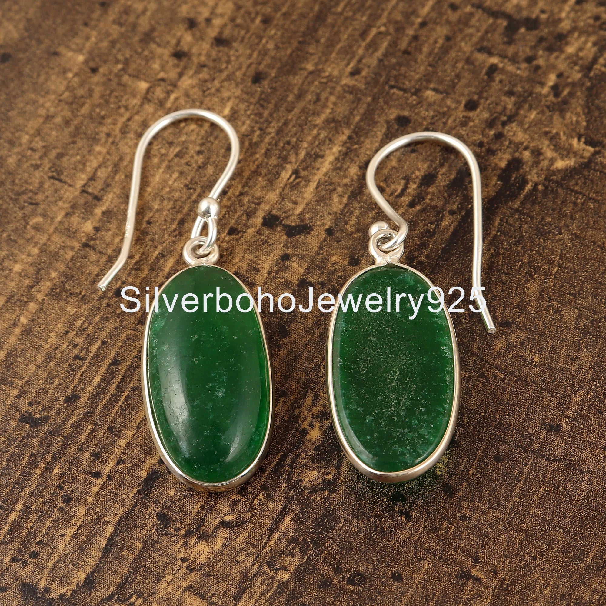 Green Jade Earrings: Oval Cabochon, 925 Sterling Silver Bezel