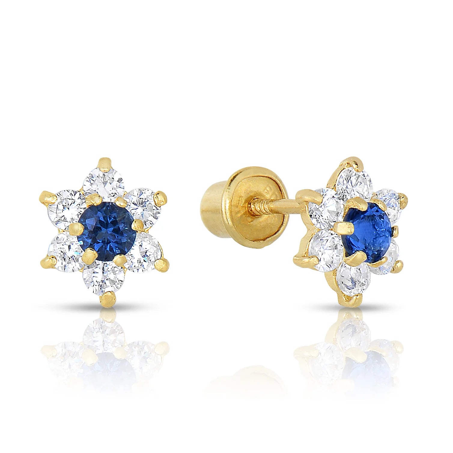 14K Yellow Gold Birthstone Halo Flower Stud Earrings, Available in 12 Colors