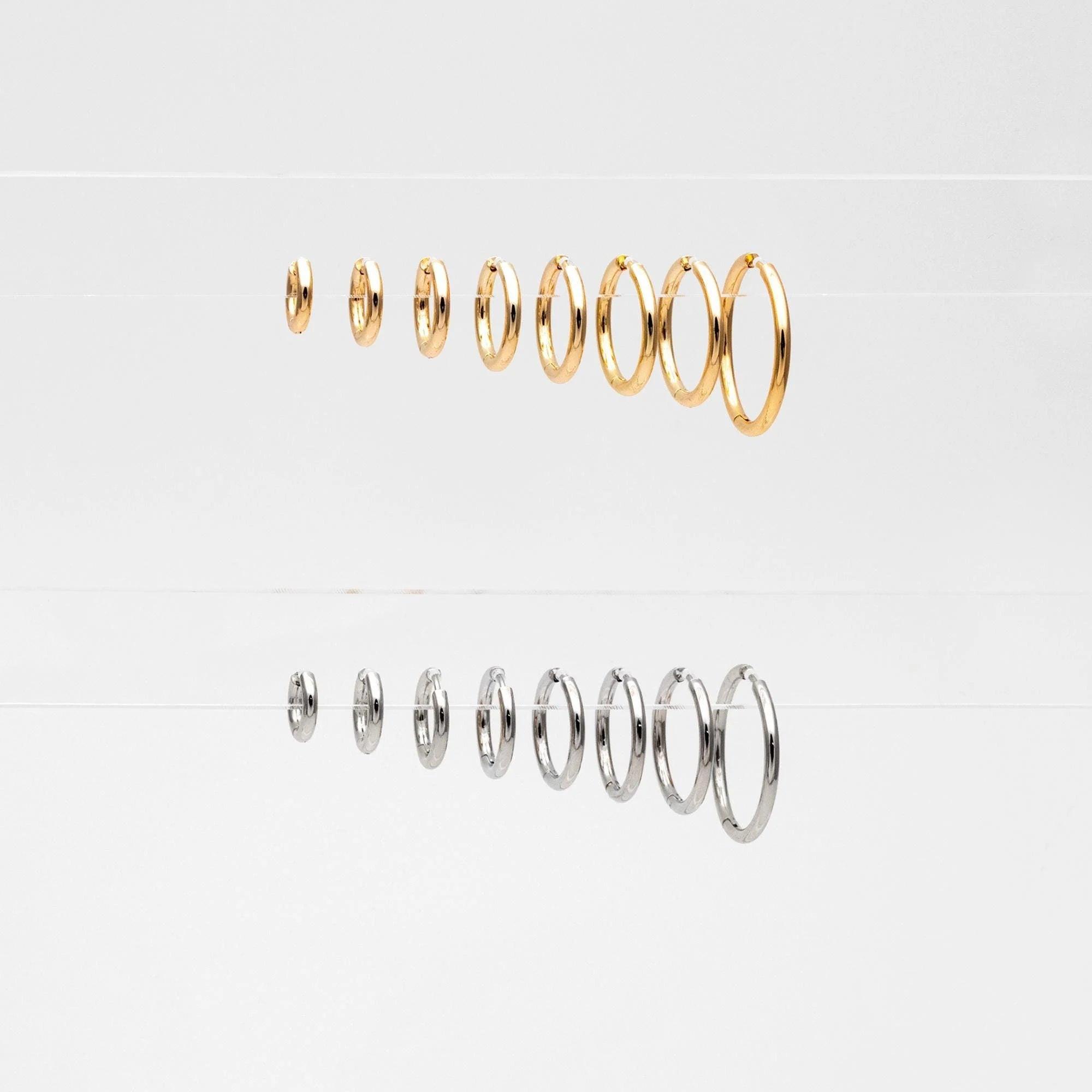 10 Pcs Gold & Silver Stainless Steel Huggie Hoop Earrings - 2.5mm Thick, 13-30mm Sizes.