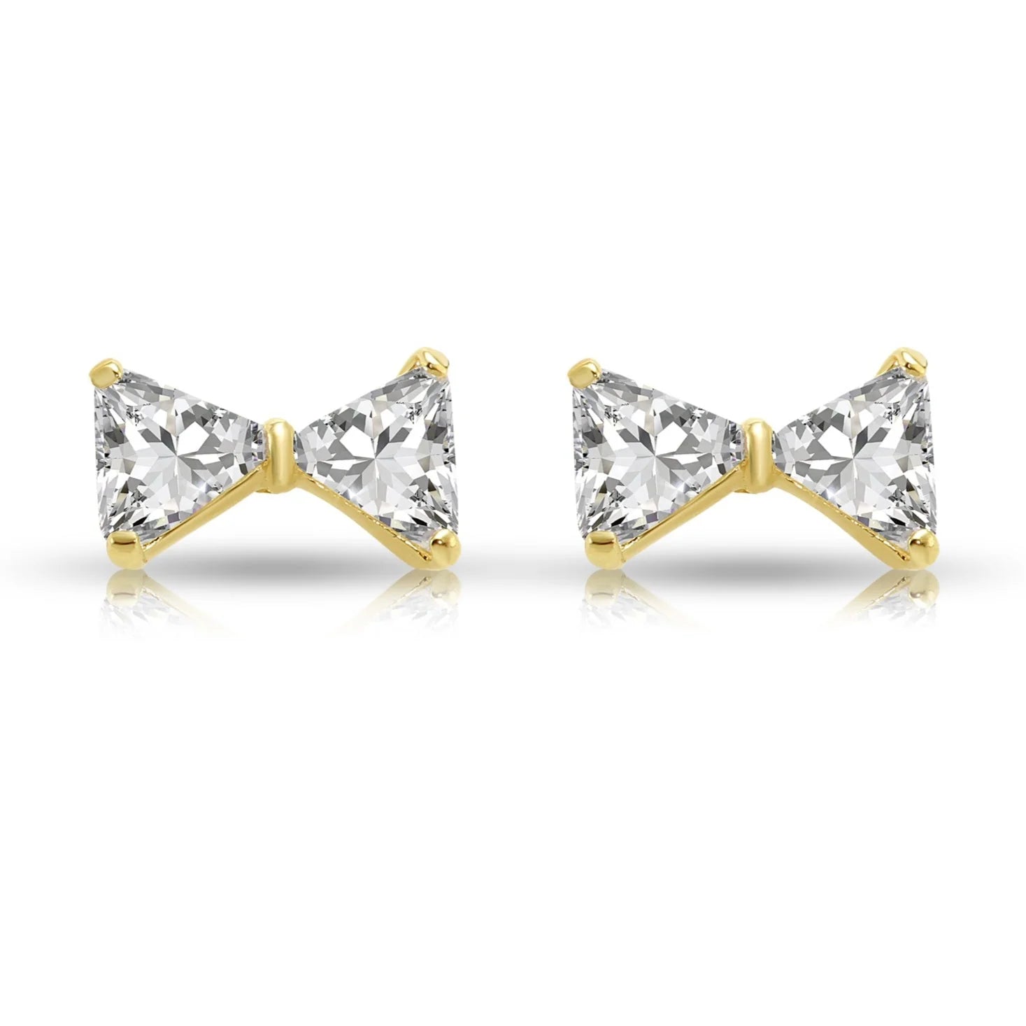 14K Solid Yellow Gold Triangle CZ Ribbon Bow Studs, Screwback