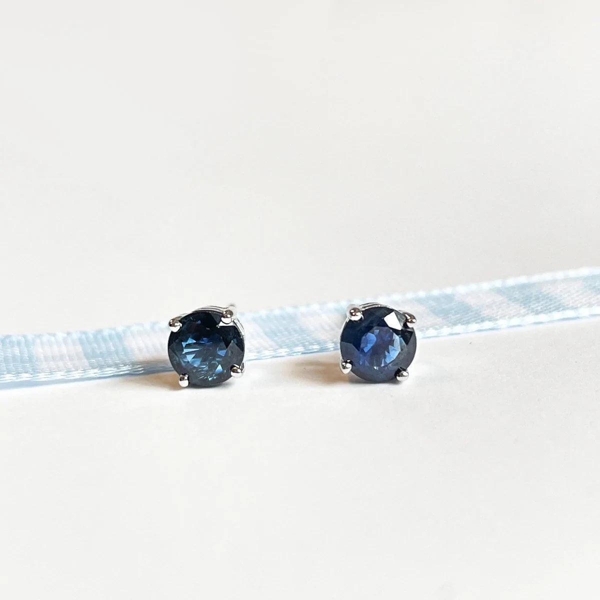 Stunning 14K Solid Gold Sapphire Stud Earrings - Genuine Round Blue Gemstones for Women.