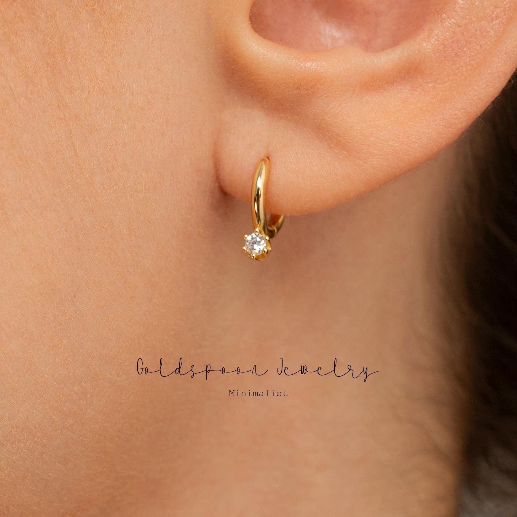 14K Gold Dainty CZ Diamond Huggie Hoop Earrings - Minimalist Everyday Wedding Jewelry.